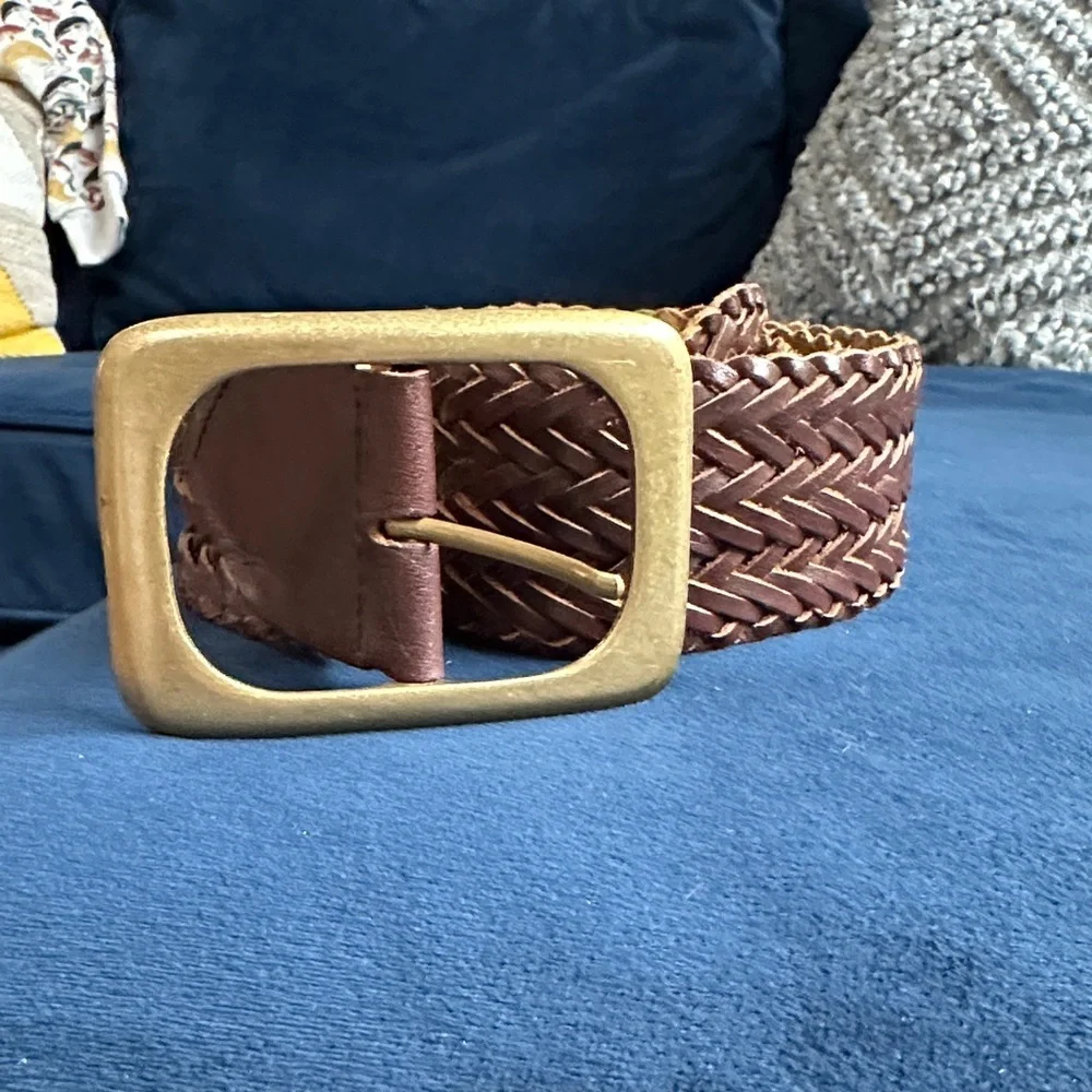 Vintage Braided Leather Belt with Gold brass Buckle